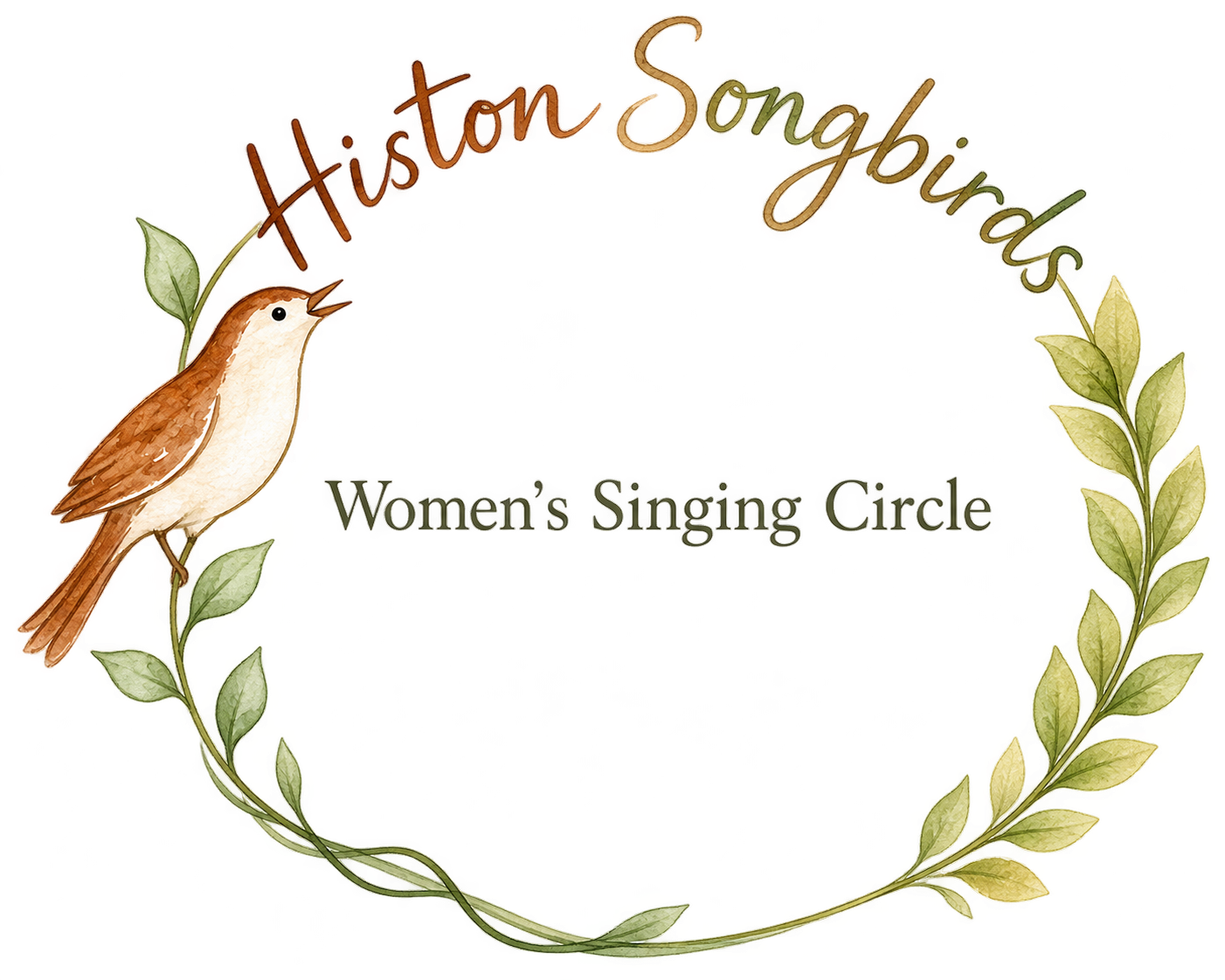 Line drawing of six songbirds singing together in a circle
